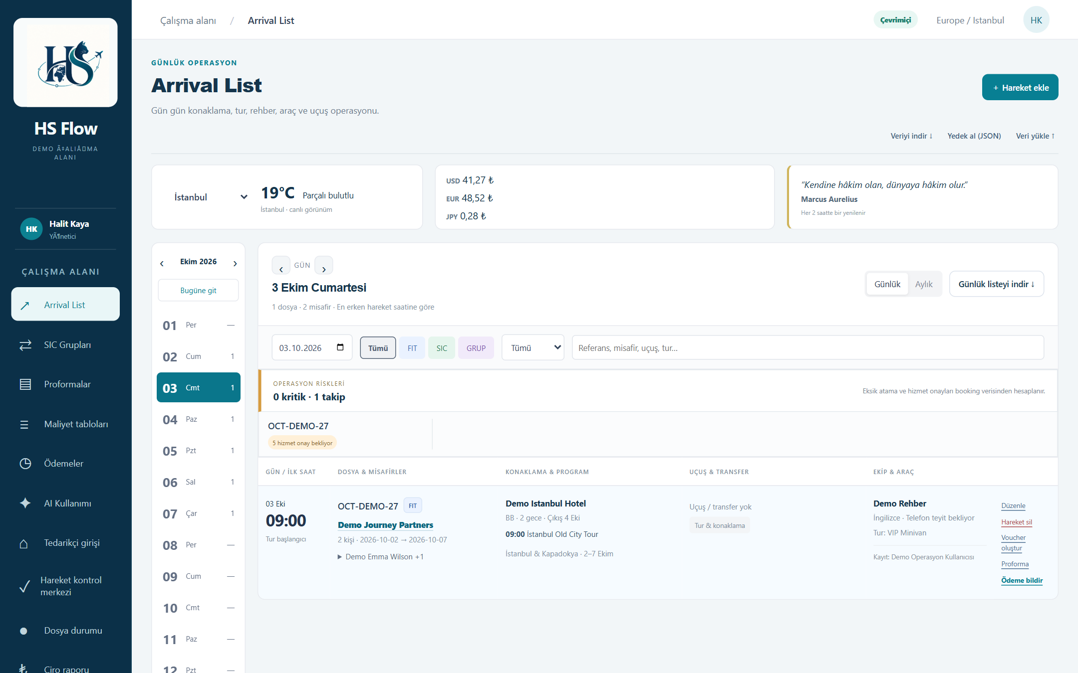 HS Flow Arrival List — örnek verilerle günlük operasyon ekranı